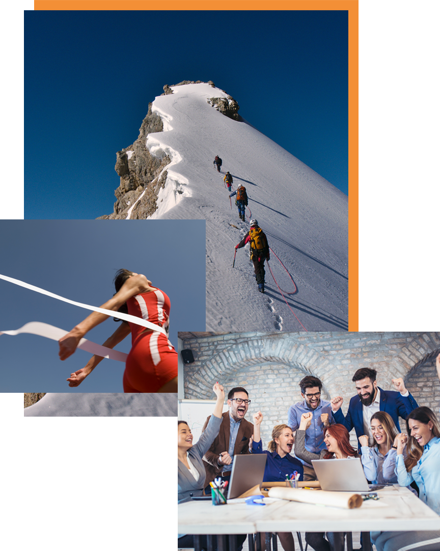A collage of images showcasing people succeeding in different environments. This visually represents the team building concepts, programs, and workshops that are conducted by On The Edge.